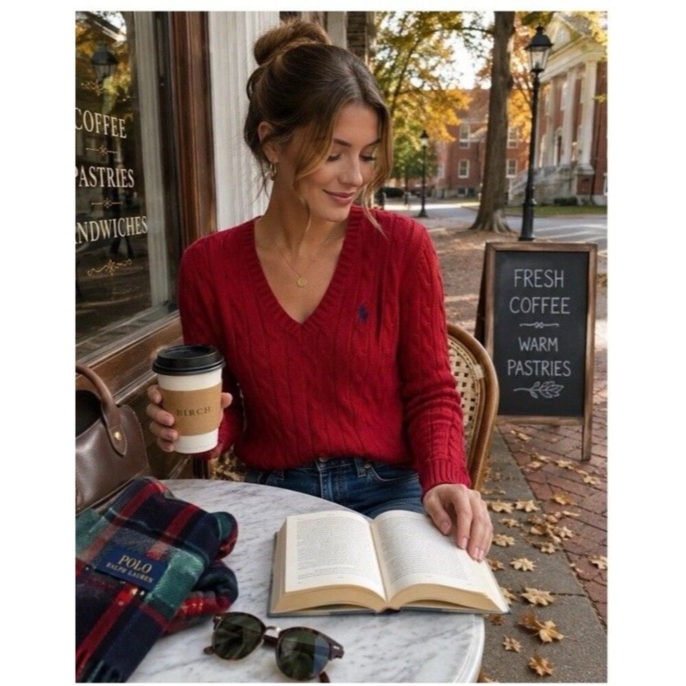 Ralph Lauren Sport Women's Small Ruby Red Cotton Cable Knit Sweater Pony Preppy